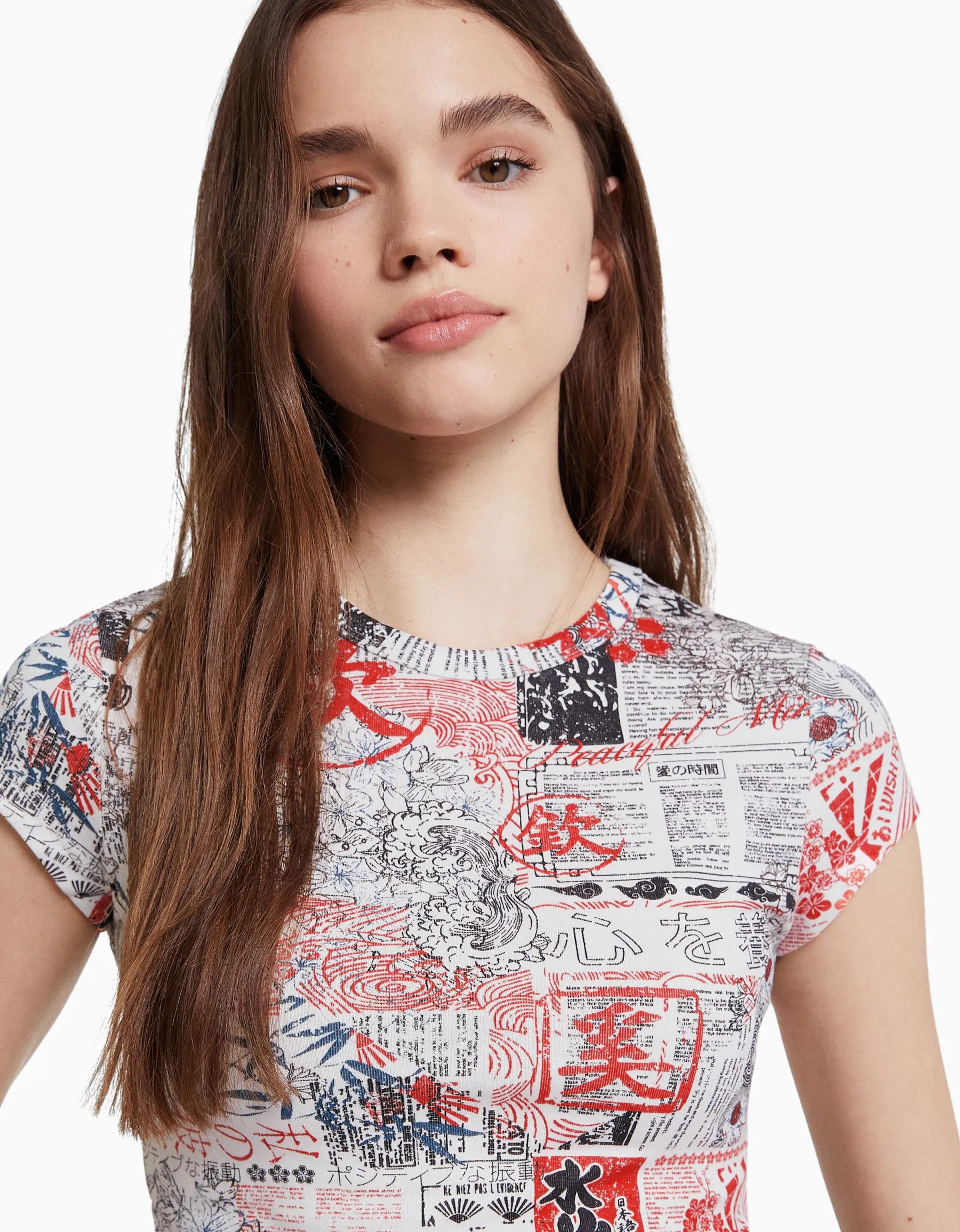 BERSHKA T-shirt manches courtes imprimé Noir Sale