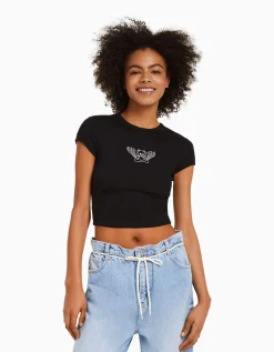 BERSHKA T-shirt manches courtes imprimé Noir Clearance