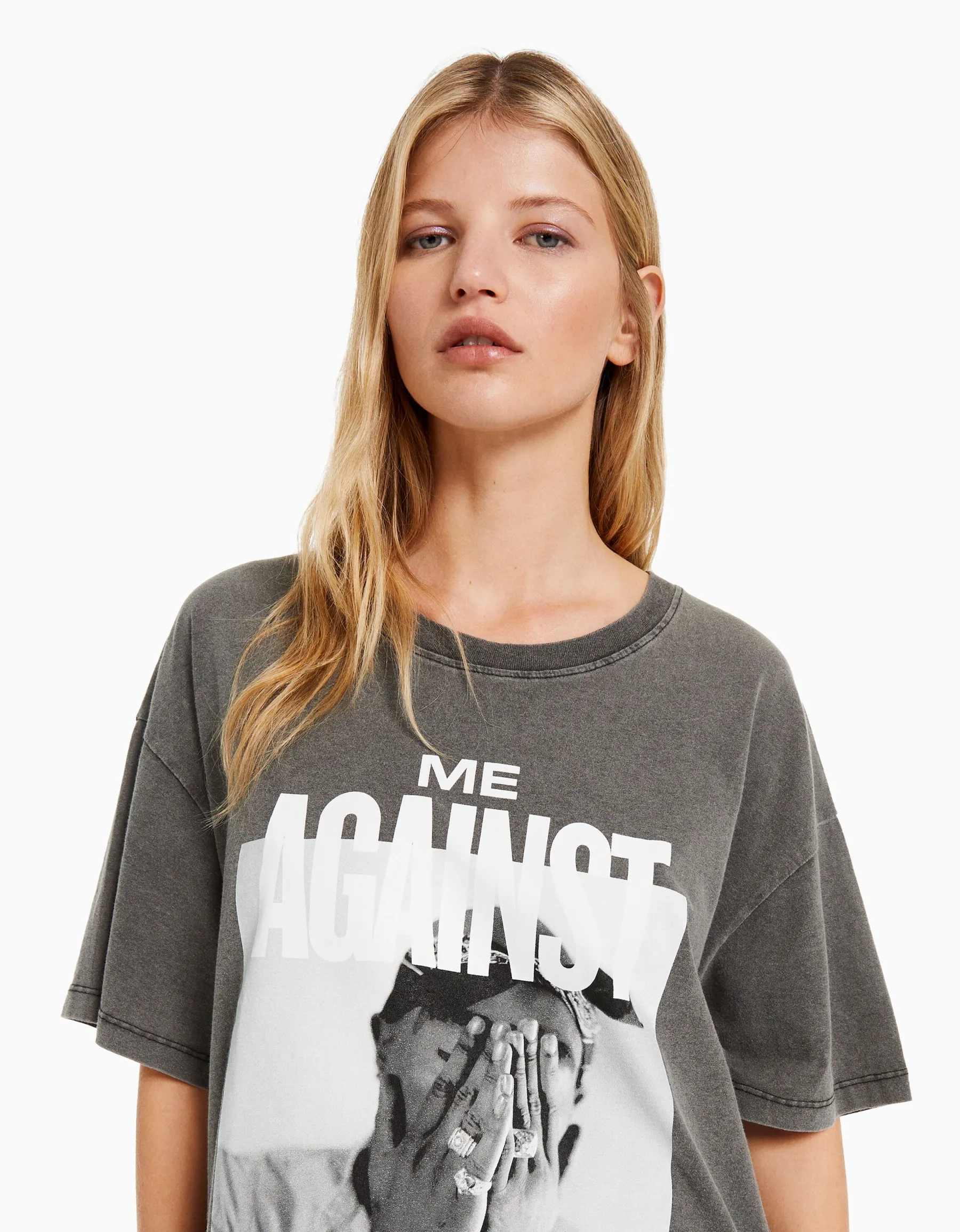 BERSHKA T-shirt manches courtes imprimé Tupac Noir Cheap