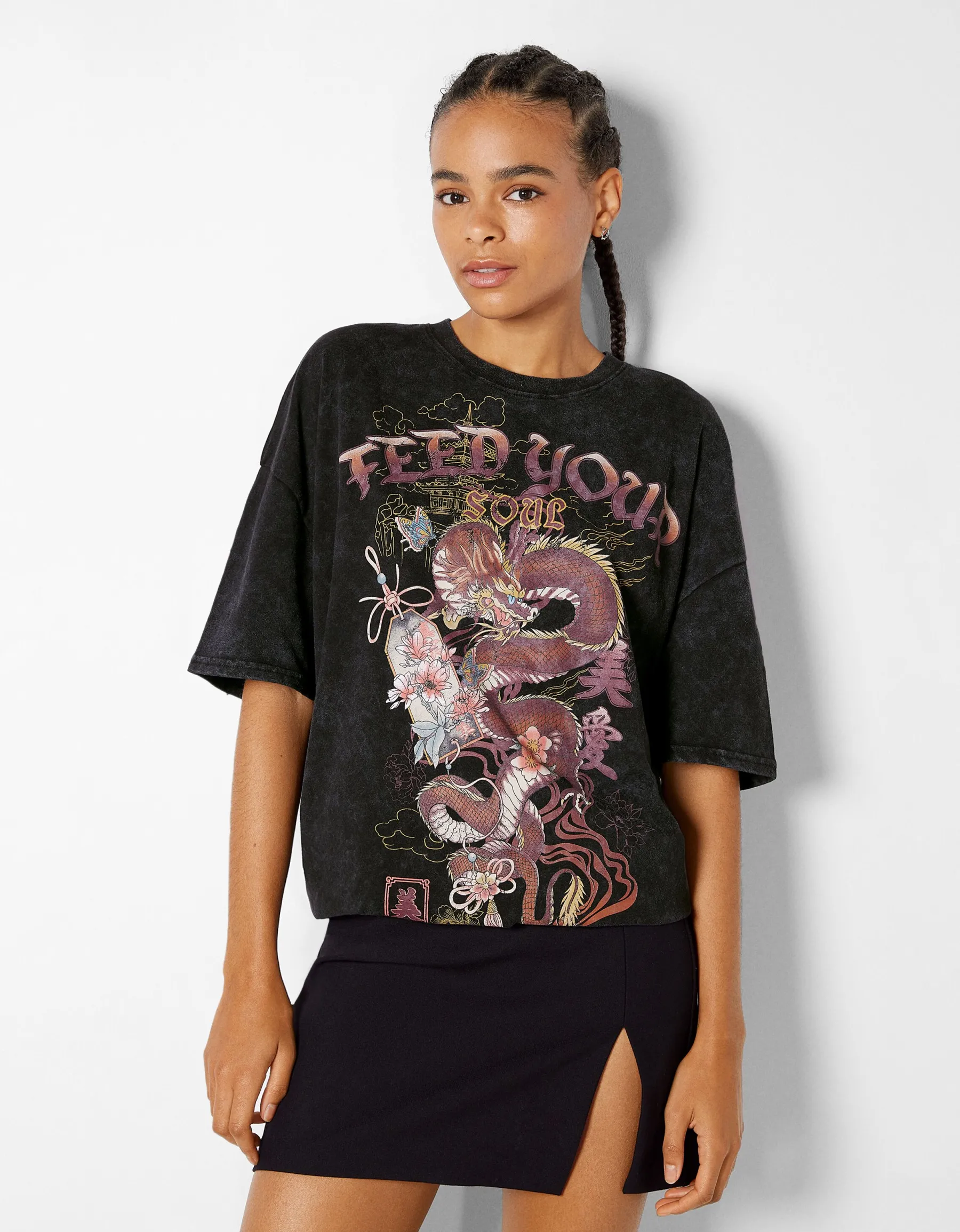 BERSHKA T-shirt manches courtes imprimé Noir Cheap