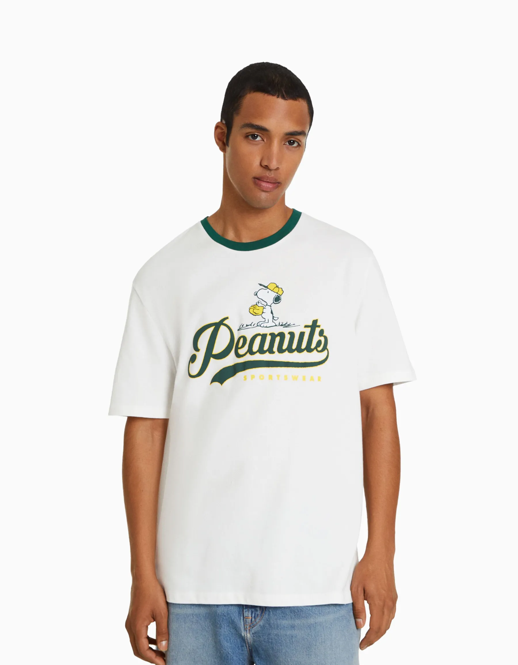 BERSHKA T-shirt manches courtes imprimé Snoopy Blanc Best