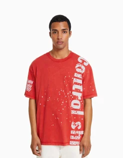 BERSHKA T-shirt manches courtes imprimé effet délavé Rouge Hot