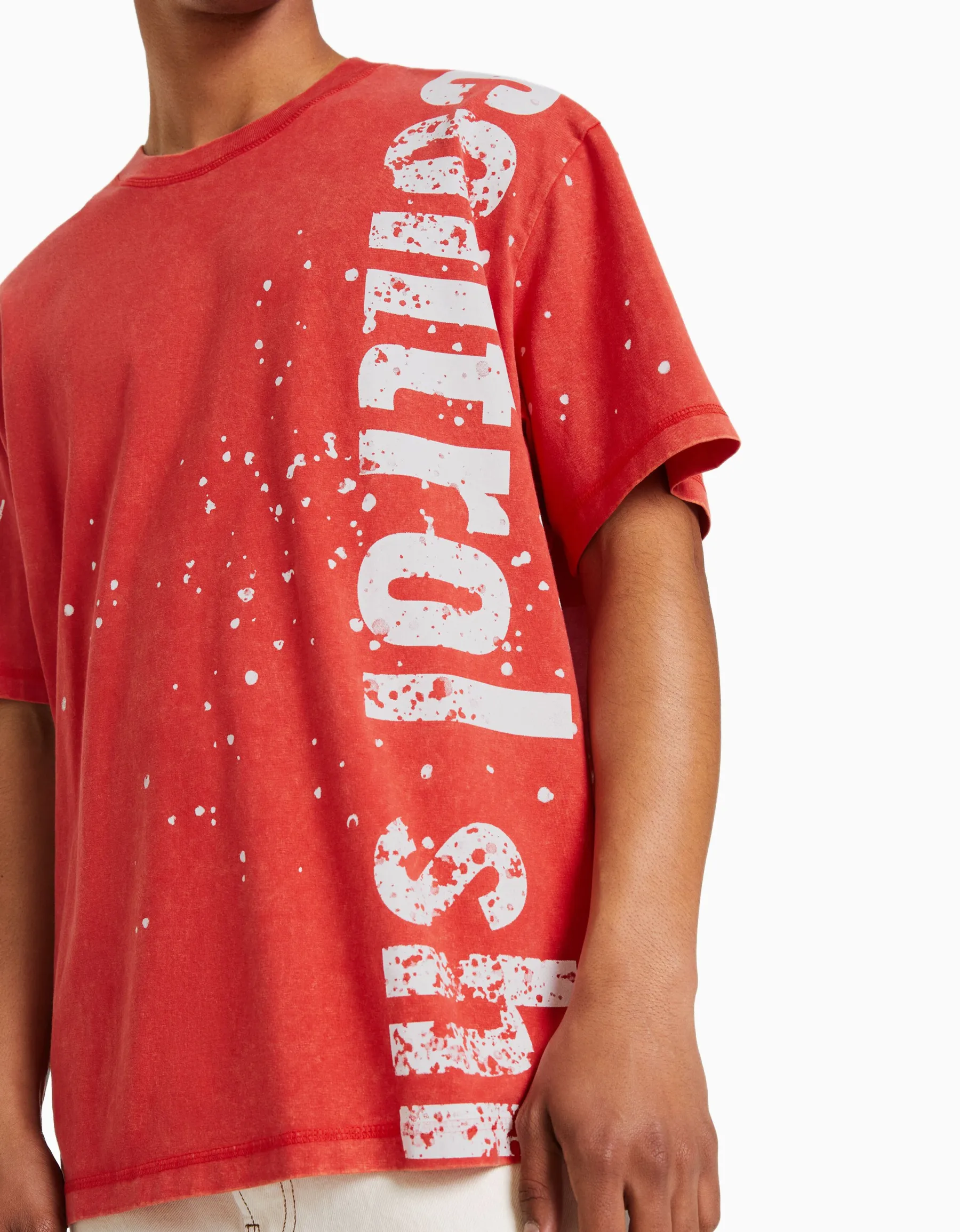 BERSHKA T-shirt manches courtes imprimé effet délavé Rouge Hot