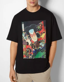 BERSHKA T-shirt manches courtes imprimé Art Series Blanc Cheap