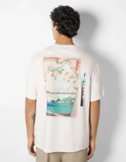 BERSHKA T-shirt manches courtes imprimé Art Series Blanc Online