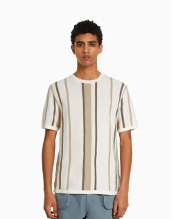 BERSHKA T-shirt manches courtes imprimé rayures verticales Écru Online