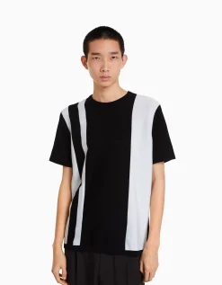 BERSHKA T-shirt manches courtes imprimé rayures verticales Noir Fashion