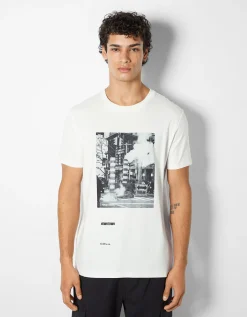 BERSHKA T-shirt manches courtes imprimé photo Blanc cassé Clearance