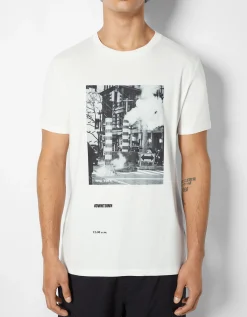 BERSHKA T-shirt manches courtes imprimé photo Blanc cassé Clearance