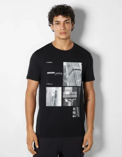 BERSHKA T-shirt manches courtes imprimé photo Blanc cassé Cheap