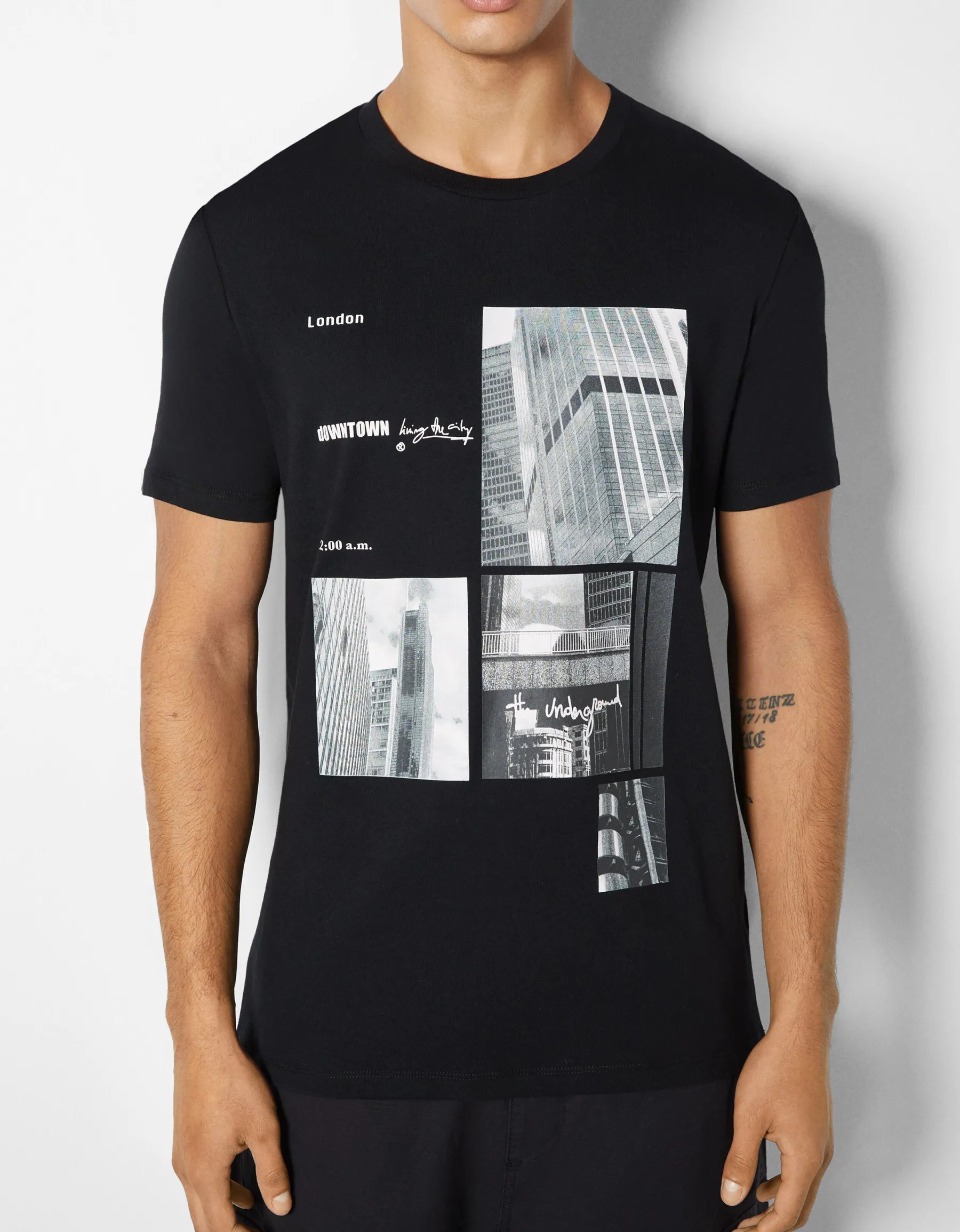 BERSHKA T-shirt manches courtes imprimé photo Blanc cassé Cheap