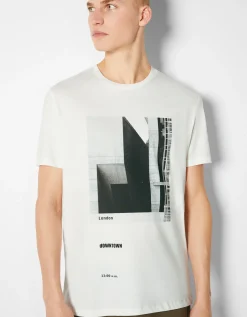 BERSHKA T-shirt manches courtes imprimé photo Blanc cassé Clearance