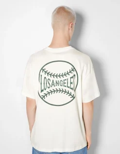 BERSHKA T-shirt manches courtes imprimé Blanc Cheap