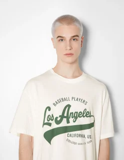 BERSHKA T-shirt manches courtes imprimé Blanc Cheap