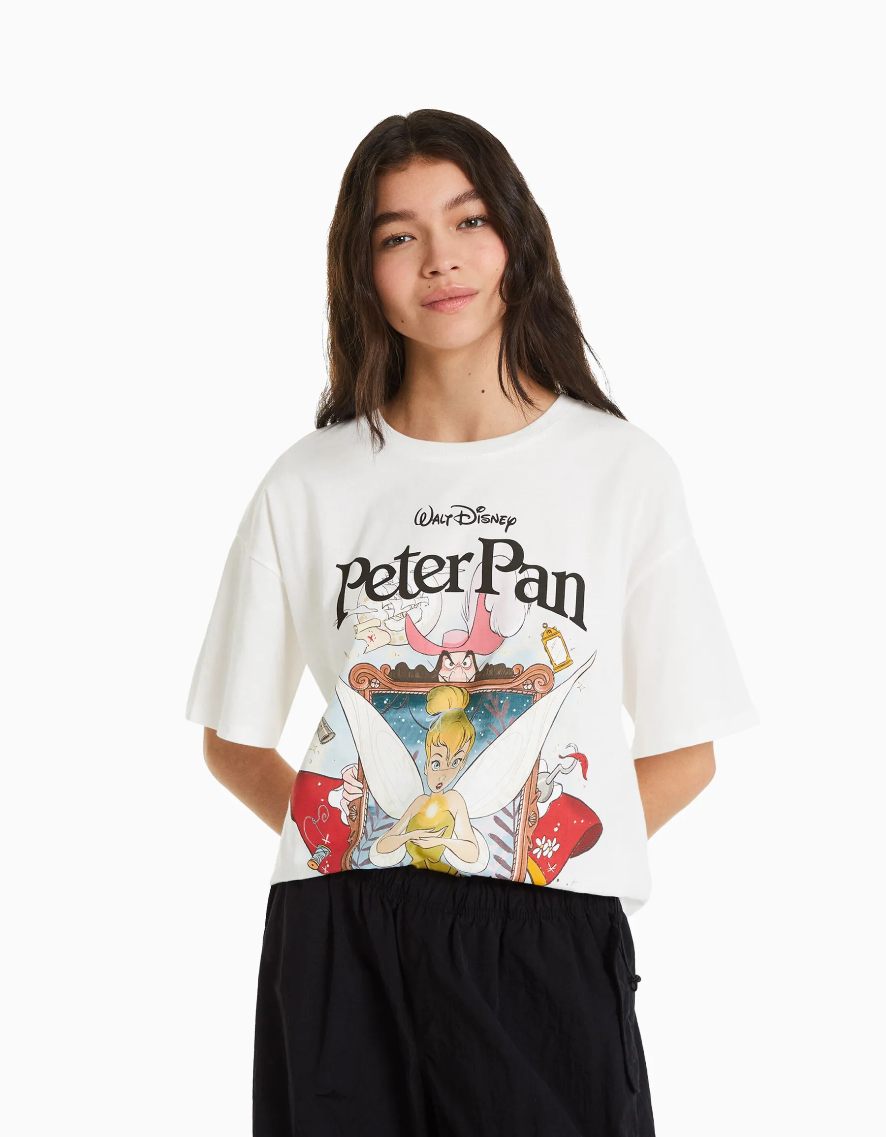 BERSHKA T-shirt manches courtes imprimé Peter Pan Blanc Cheap
