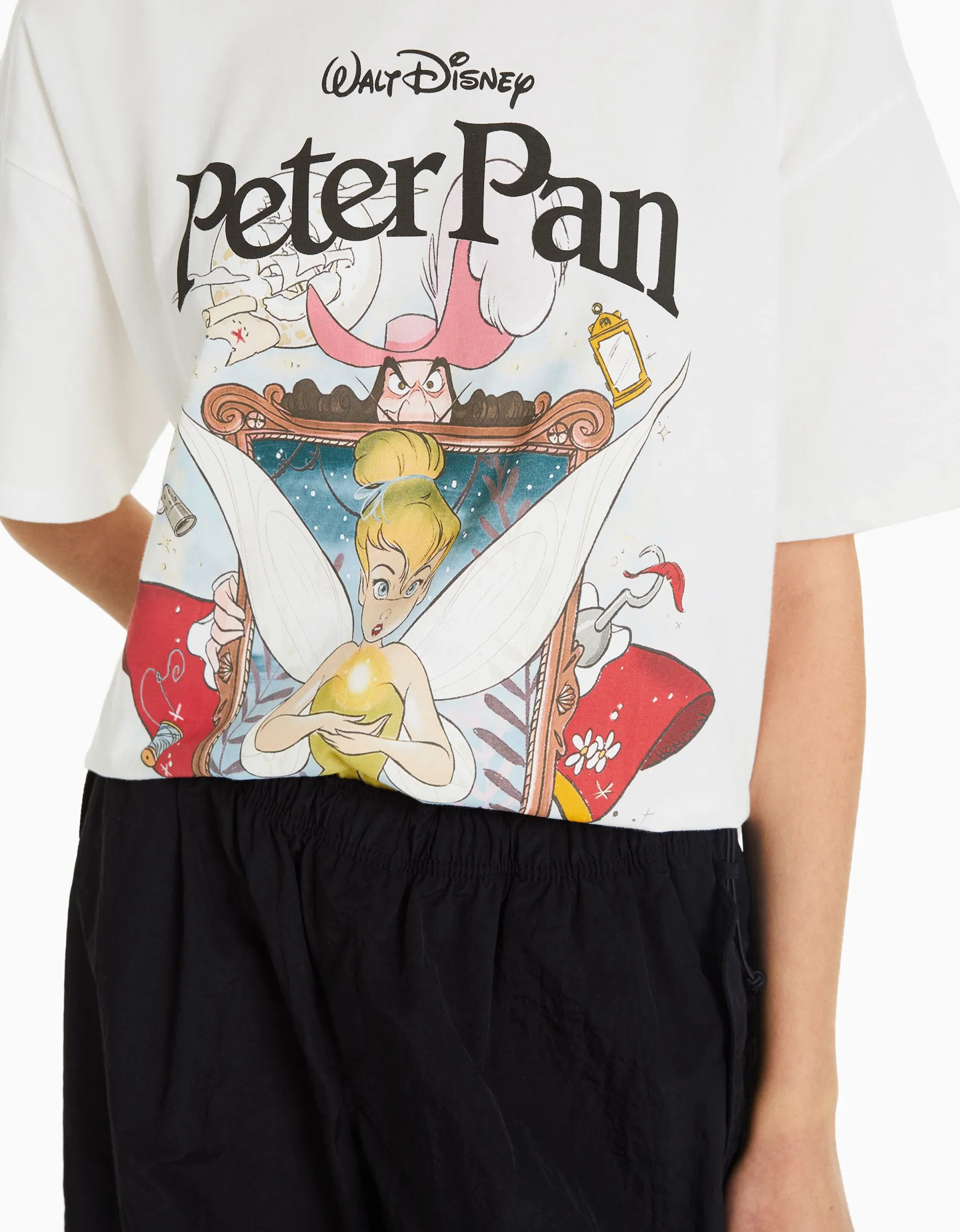 BERSHKA T-shirt manches courtes imprimé Peter Pan Blanc Cheap