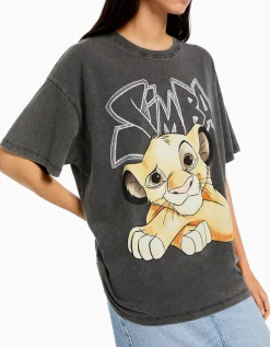 BERSHKA T-shirt manches courtes imprimé Simba Noir Sale