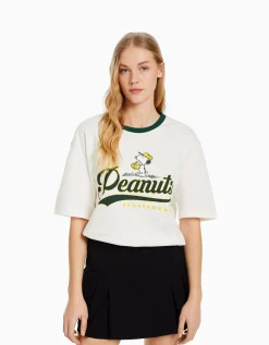 BERSHKA T-shirt manches courtes imprimé Snoopy Blanc Flash Sale