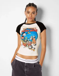BERSHKA T-shirt manches courtes imprimé Mickey Blanc cassé Clearance