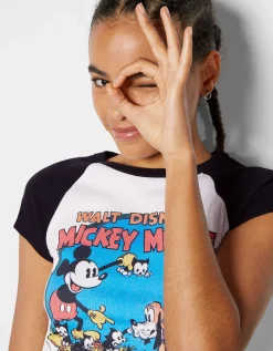 BERSHKA T-shirt manches courtes imprimé Mickey Blanc cassé Clearance