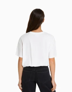 BERSHKA T-shirt manches courtes imprimé Blanc cassé New