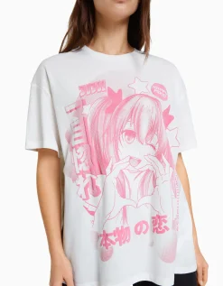 BERSHKA T-shirt manches courtes imprimé Blanc cassé New