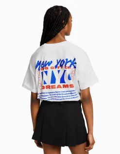 BERSHKA T-shirt manches courtes imprimé Blanc cassé Cheap