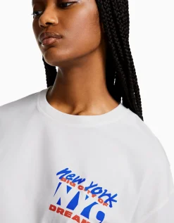 BERSHKA T-shirt manches courtes imprimé Blanc cassé Cheap