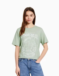 BERSHKA T-shirt manches courtes imprimé Gris Online