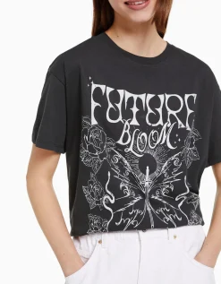 BERSHKA T-shirt manches courtes imprimé Gris Fashion
