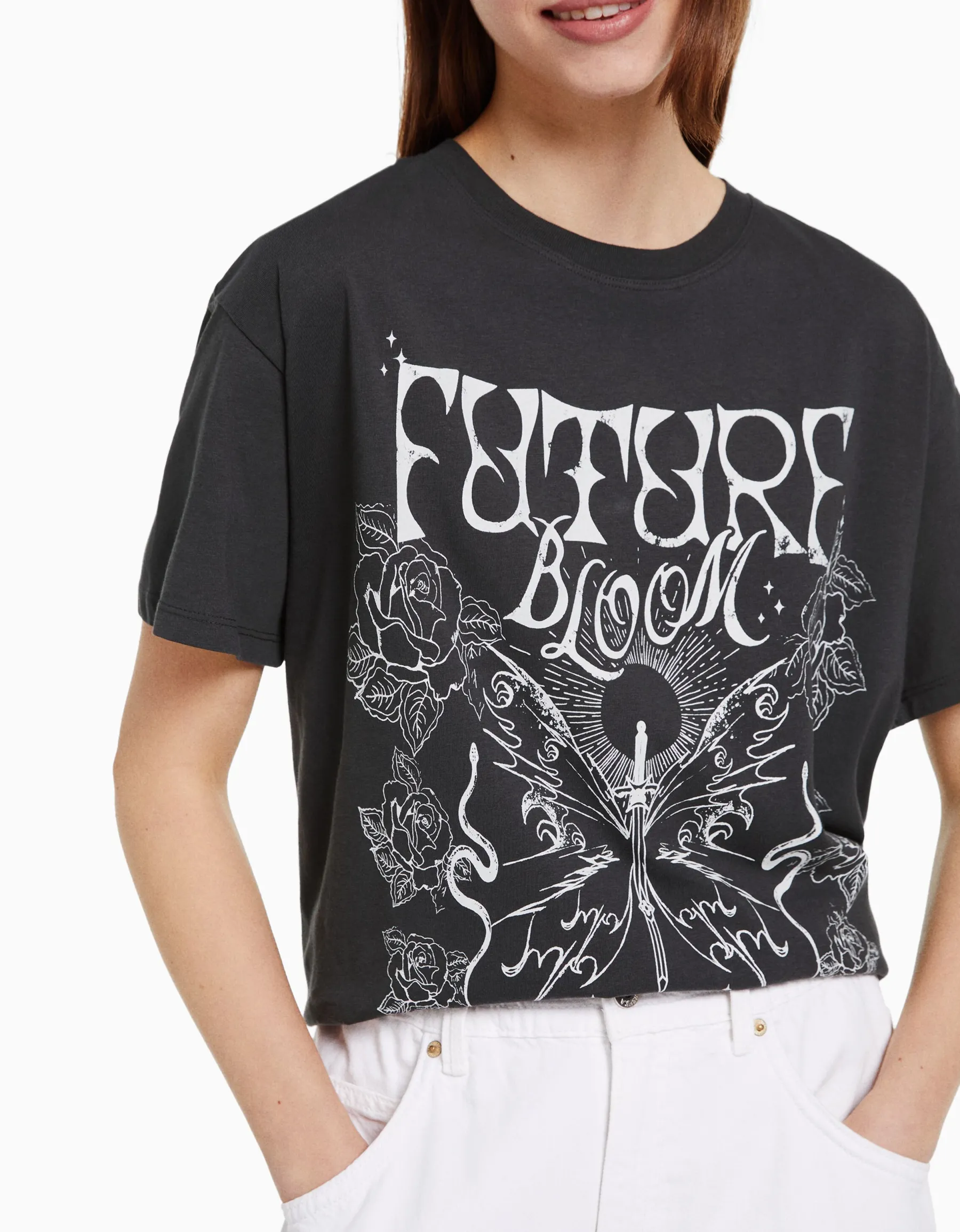 BERSHKA T-shirt manches courtes imprimé Gris Fashion