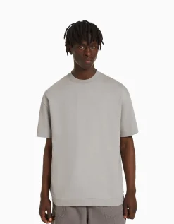 BERSHKA T-shirt manches courtes interlock Gris Outlet