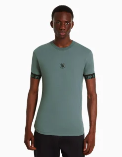 BERSHKA T-shirt manches courtes muscle fit frises Bleu turquoise Cheap