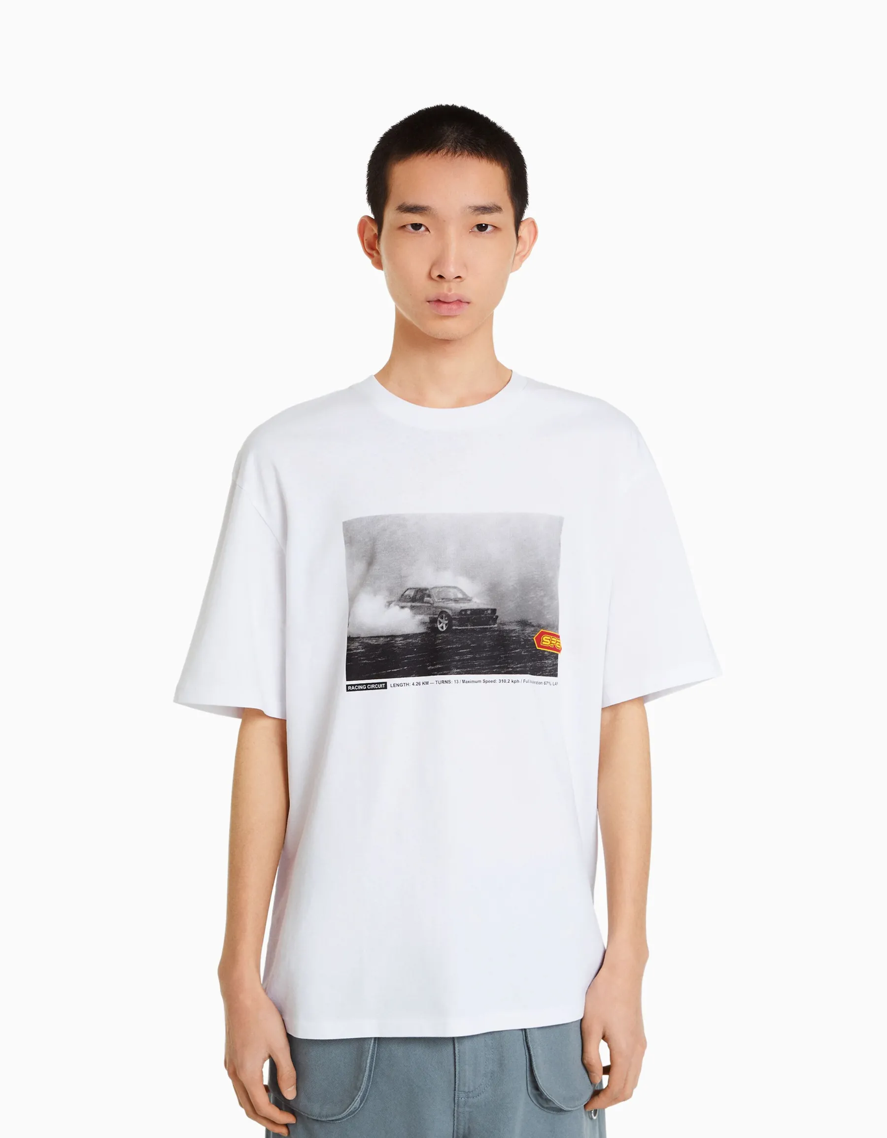 BERSHKA T-shirt manches courtes oversize imprimé racing Blanc Cheap