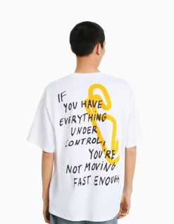 BERSHKA T-shirt manches courtes oversize imprimé racing Blanc Cheap