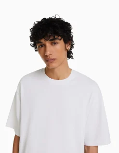BERSHKA T-shirt manches courtes oversize imprimé Blanc Fashion