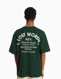BERSHKA T-shirt manches courtes oversize gaufré et imprimé Vert Online