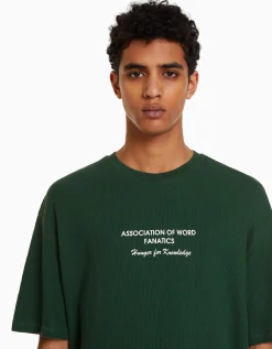 BERSHKA T-shirt manches courtes oversize gaufré et imprimé Vert Online