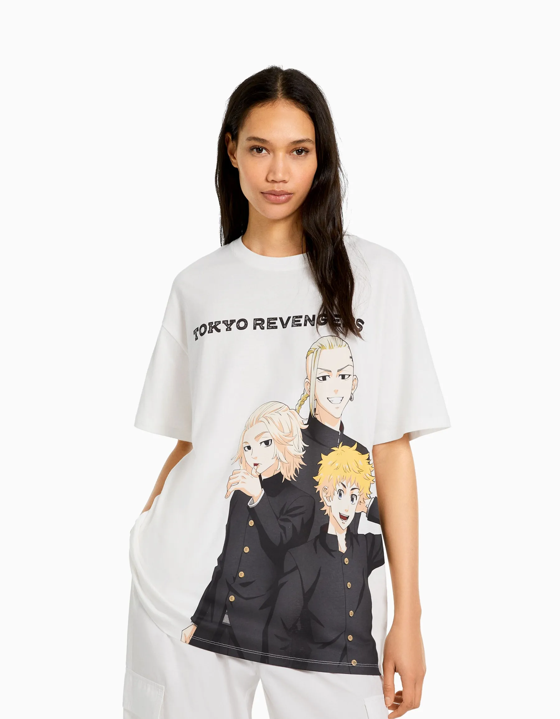 BERSHKA T-shirt manches courtes oversize imprimé TOKYO REVENGERS Blanc cassé Best
