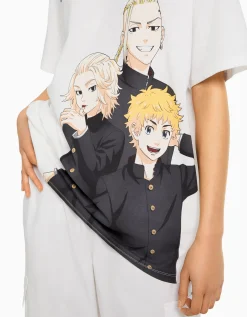 BERSHKA T-shirt manches courtes oversize imprimé TOKYO REVENGERS Blanc cassé Best