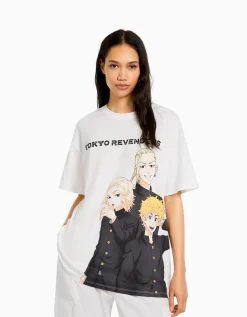 BERSHKA T-shirt manches courtes oversize imprimé TOKYO REVENGERS Blanc cassé Store
