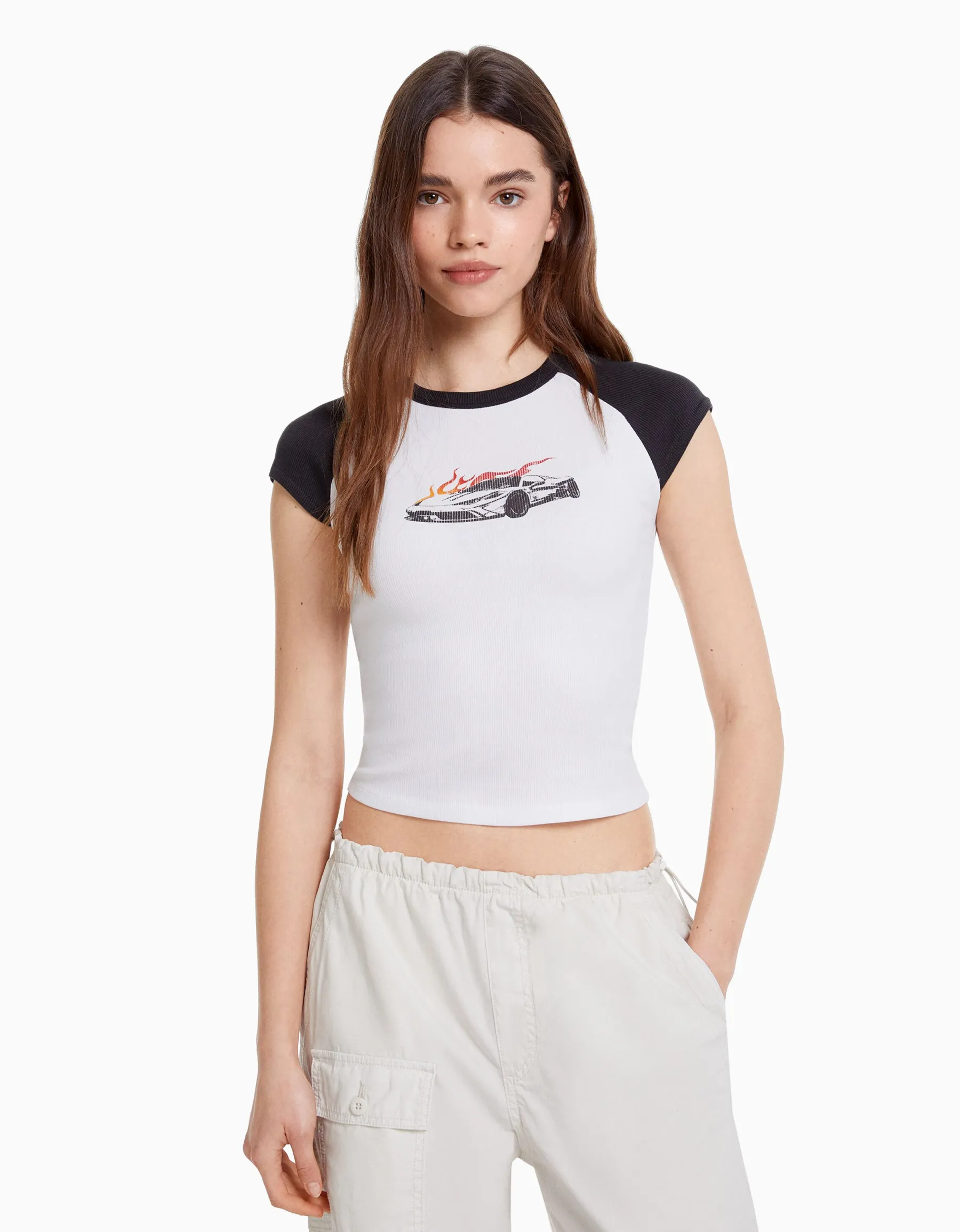 BERSHKA T-shirt manches courtes raglan imprimé Blanc Online
