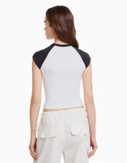BERSHKA T-shirt manches courtes raglan imprimé Blanc Online