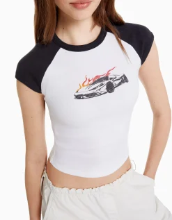 BERSHKA T-shirt manches courtes raglan imprimé Blanc Online