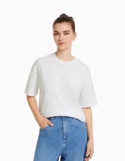 BERSHKA T-shirt manches courtes regular fit Blanc Hot