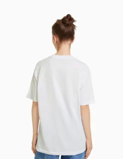 BERSHKA T-shirt manches courtes regular fit Blanc Hot