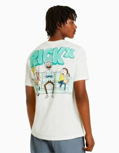 BERSHKA T-shirt manches courtes regular fit imprimé Rick et Morty Blanc New