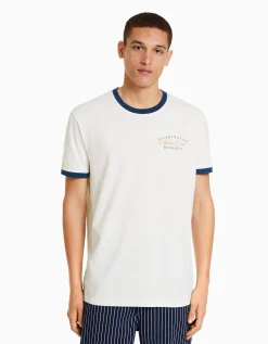 BERSHKA T-shirt manches courtes regular fit bord-côte contraste Blanc cassé Cheap