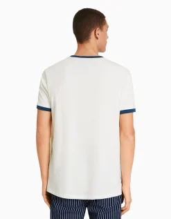 BERSHKA T-shirt manches courtes regular fit bord-côte contraste Blanc cassé Cheap