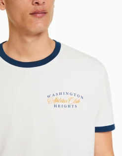 BERSHKA T-shirt manches courtes regular fit bord-côte contraste Blanc cassé New